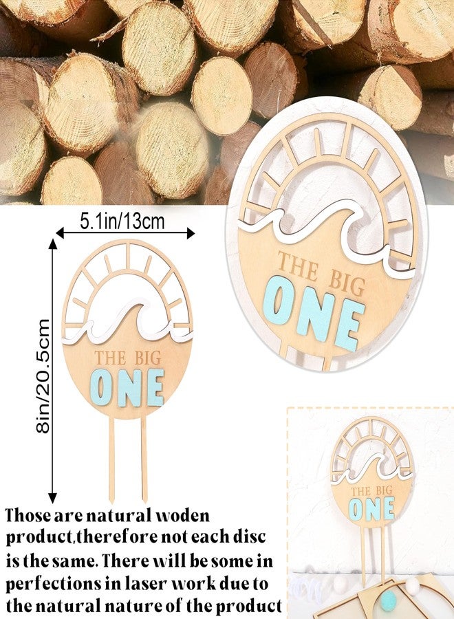 اي جيه كي في دبليو غطاء كعكة خشبي كبير من Agkvw - غطاء كعكة عيد ميلاد أول على شكل موجة شمس، ديكور عيد ميلاد أول على الشاطئ، قطعة واحدة، 5 × 8 بوصات، أصفر، أزرق - Image 2