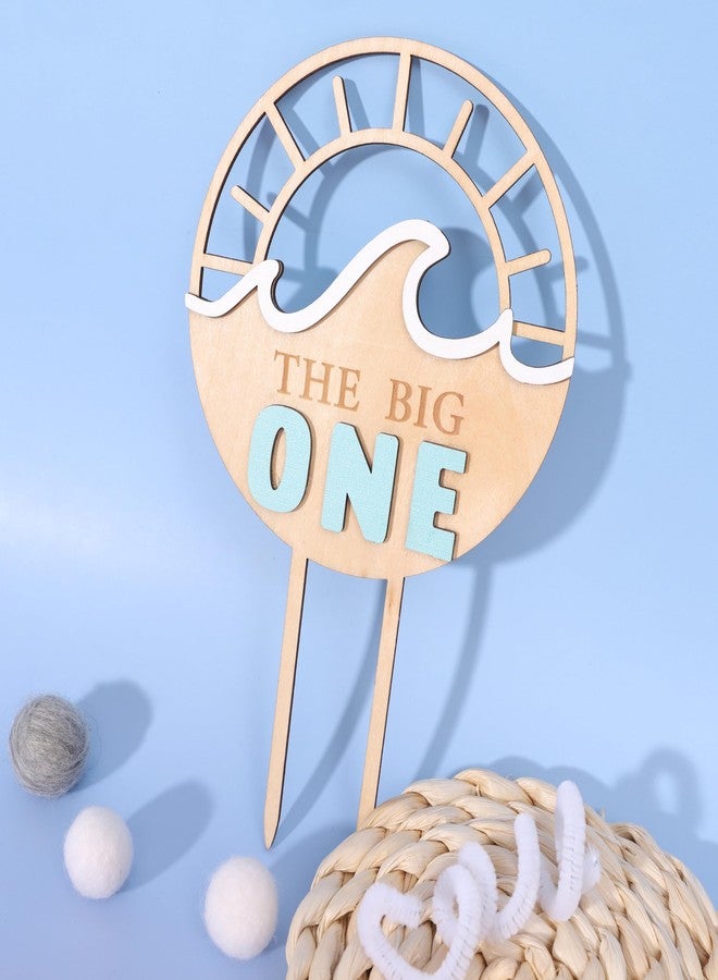 اي جيه كي في دبليو غطاء كعكة خشبي كبير من Agkvw - غطاء كعكة عيد ميلاد أول على شكل موجة شمس، ديكور عيد ميلاد أول على الشاطئ، قطعة واحدة، 5 × 8 بوصات، أصفر، أزرق - Image 3