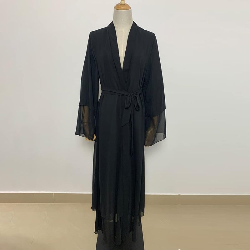 IWEMEK Women Chiffon Muslim Dress Open Front Abaya Long Sleeve Flowy Maxi Cardigan Dress - Black, X-Large - Image 5