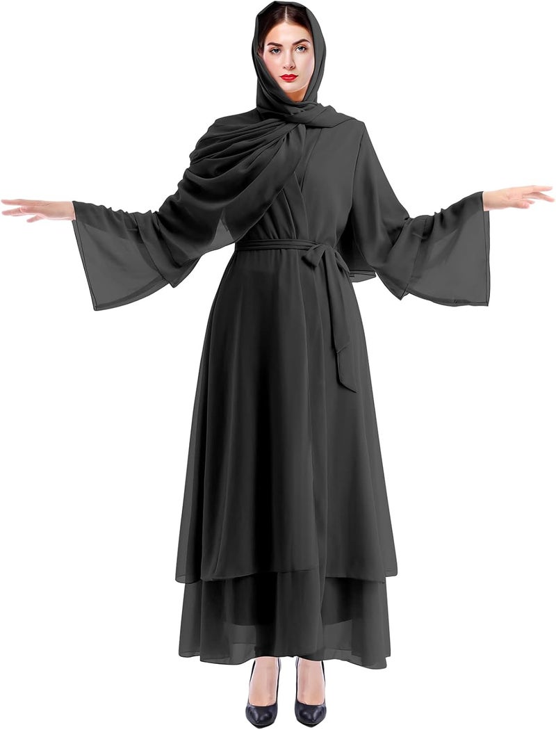 IWEMEK Women Chiffon Muslim Dress Open Front Abaya Long Sleeve Flowy Maxi Cardigan Dress - Black, X-Large - Image 4