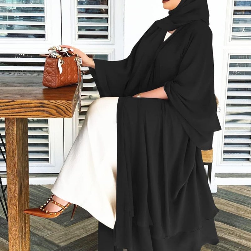 IWEMEK Women Chiffon Muslim Dress Open Front Abaya Long Sleeve Flowy Maxi Cardigan Dress - Black, X-Large - Image 3