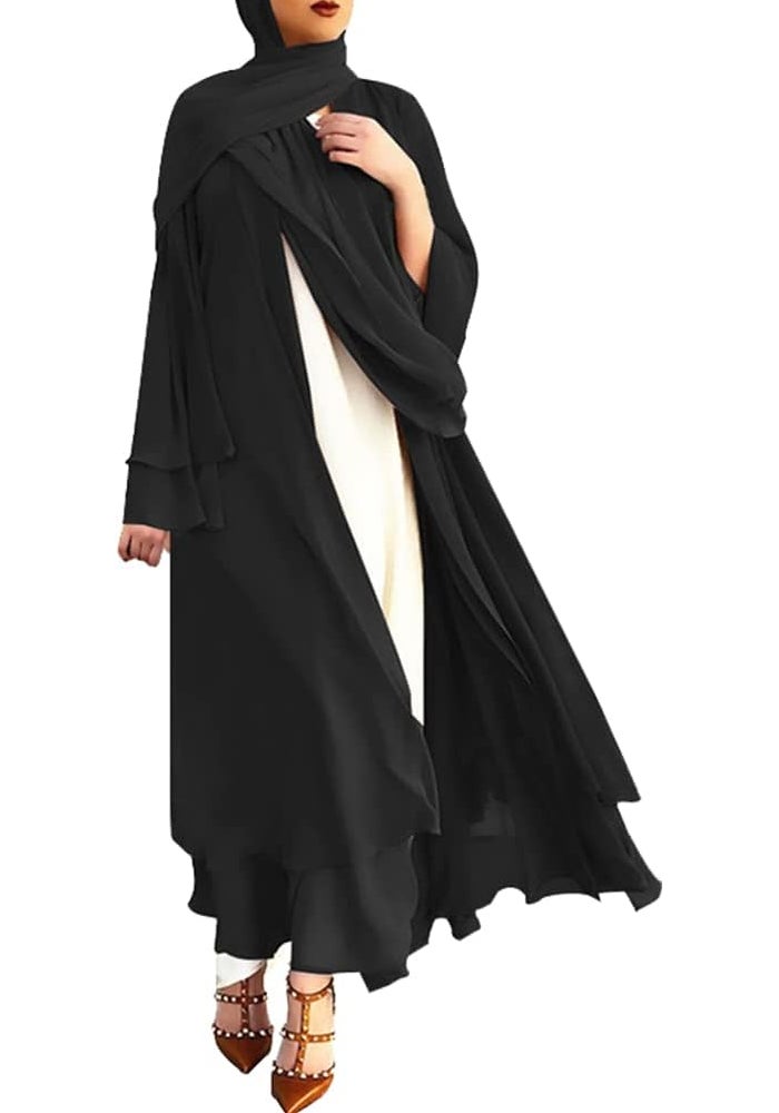 IWEMEK Women Chiffon Muslim Dress Open Front Abaya Long Sleeve Flowy Maxi Cardigan Dress - Black, X-Large - Image 1