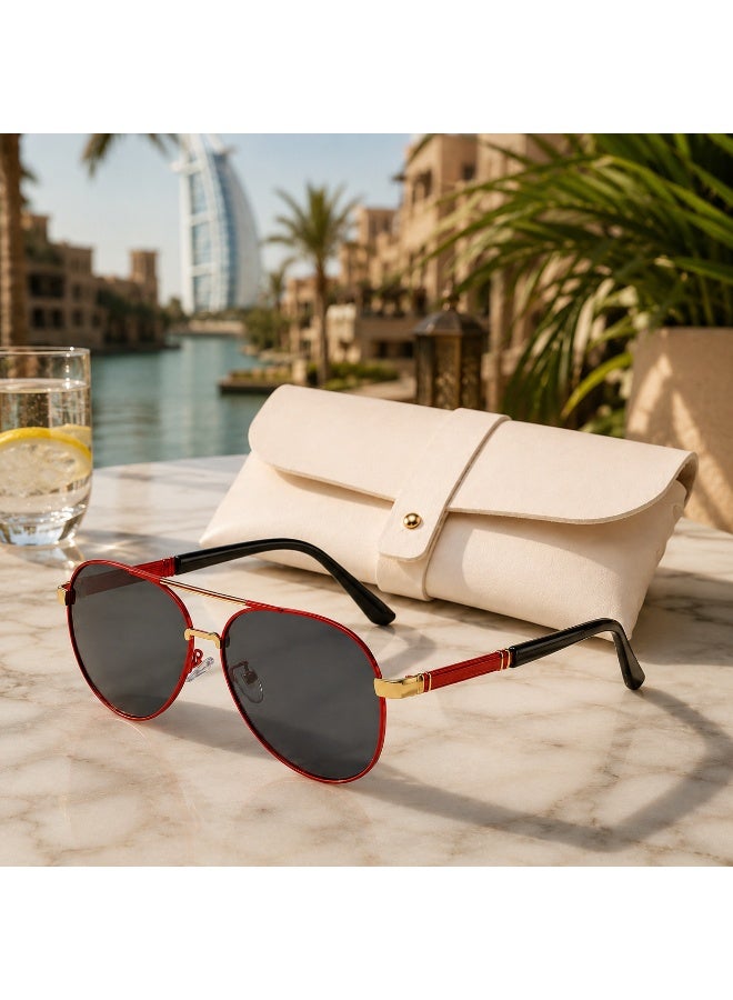 Classic Aviator Sunglasses with Protective Case,  Red - Image 3