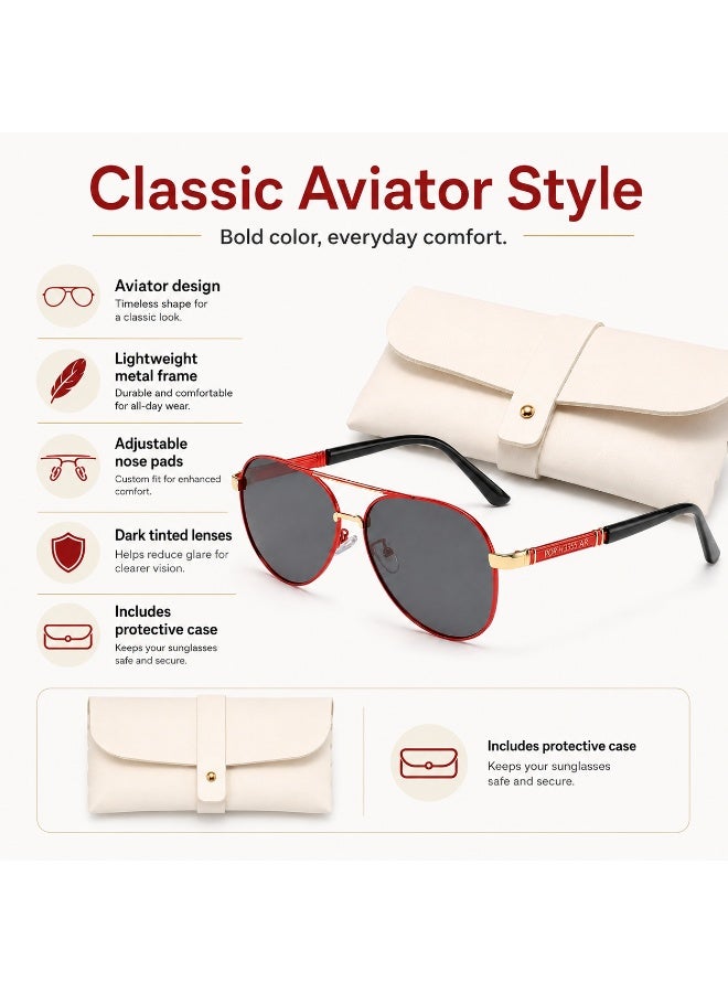 Classic Aviator Sunglasses with Protective Case,  Red - Image 2