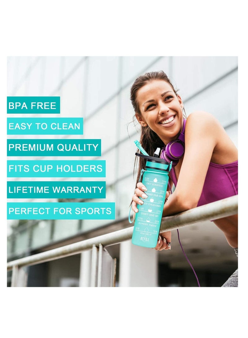 Water Bottle 1L Gym Bottle Sport Bottle Motivational Sports Bottle with Time Marker Leakproof Drinking Sport Gym Water Bottles for Fitness Gym Outdoor Handle Straw Green.
