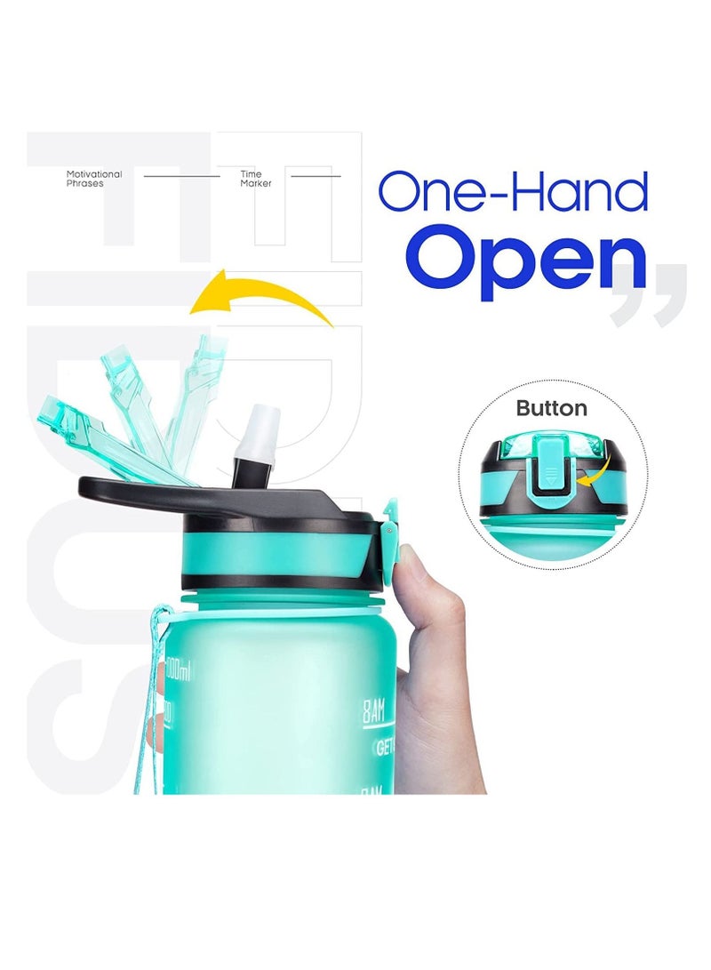 Water Bottle 1L Gym Bottle Sport Bottle Motivational Sports Bottle with Time Marker Leakproof Drinking Sport Gym Water Bottles for Fitness Gym Outdoor Handle Straw Green.