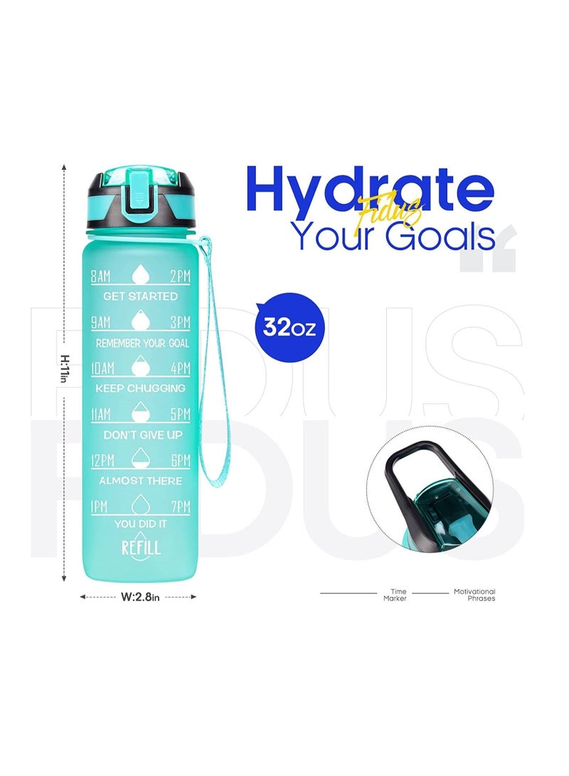 Water Bottle 1L Gym Bottle Sport Bottle Motivational Sports Bottle with Time Marker Leakproof Drinking Sport Gym Water Bottles for Fitness Gym Outdoor Handle Straw Green.