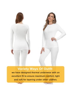 Yakiter Thermal Underwear for Women Fleece Lined Base Layer Pajama Set Cold Weather（White）  - Image 3