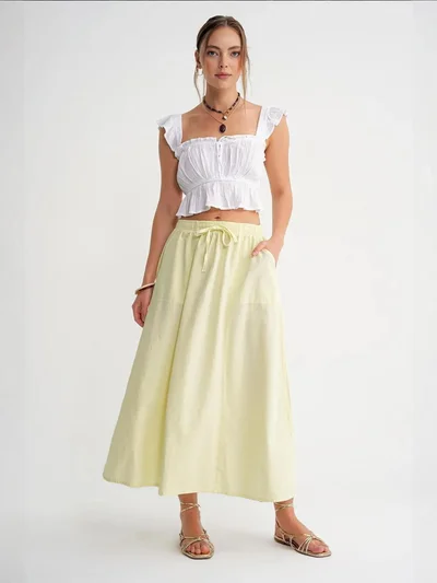 ماي كولكشن تنورة بخصر مرتفع من البوبلين مع تفاصيل رباط