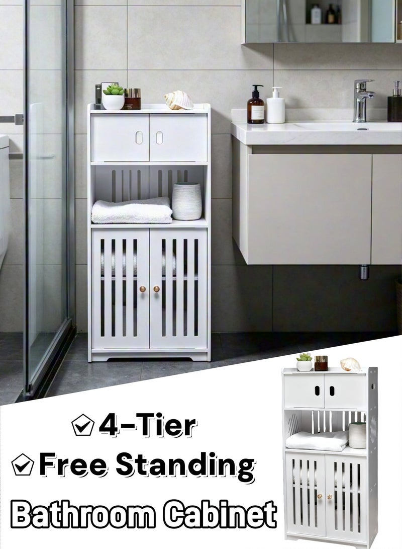 Bathroom Storage Cabinet, 4-Tier Bathroom Cabinet, Home Storage Cabinet Waterproof Floor Organizer with Double Cupboard Doors, Free Standing Storage Shelf PVC Cabinet for Toilet Paper & Shampoo - Image 1