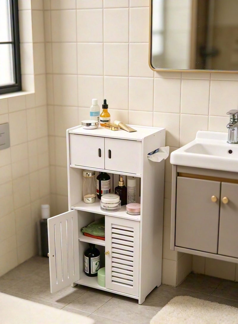 Bathroom Storage Cabinet, 4-Tier Bathroom Cabinet, Home Storage Cabinet Waterproof Floor Organizer with Double Cupboard Doors, Free Standing Storage Shelf PVC Cabinet for Toilet Paper & Shampoo - Image 3