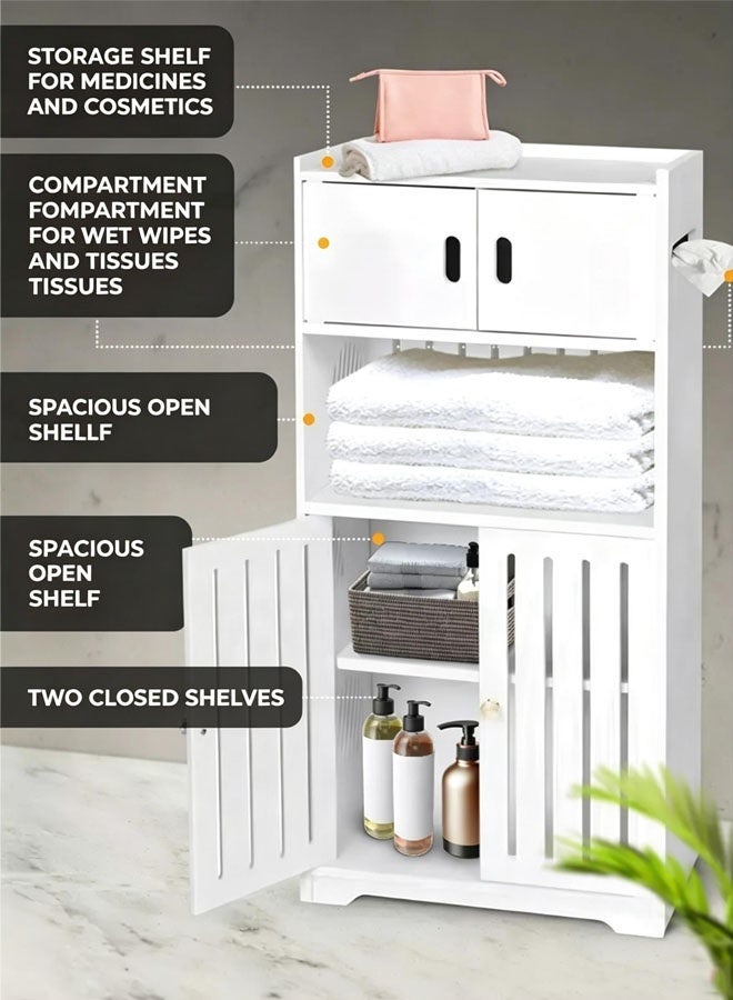 Bathroom Storage Cabinet, 4-Tier Bathroom Cabinet, Home Storage Cabinet Waterproof Floor Organizer with Double Cupboard Doors, Free Standing Storage Shelf PVC Cabinet for Toilet Paper & Shampoo - Image 3