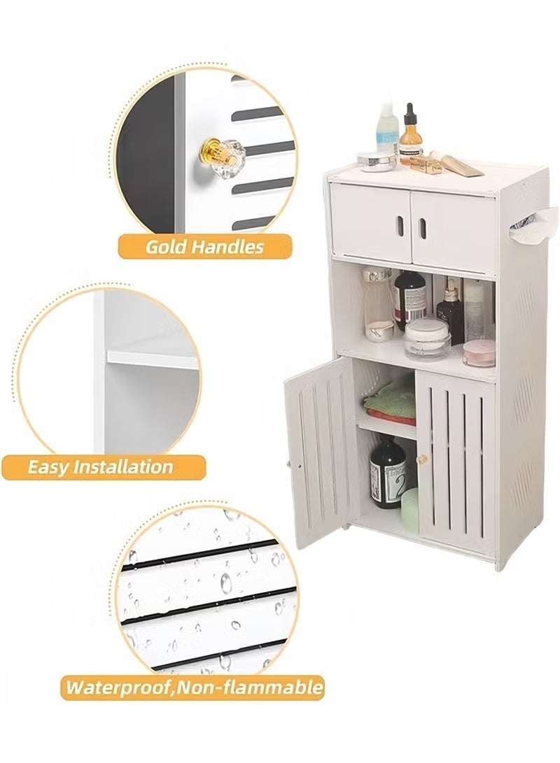 Bathroom Storage Cabinet, 4-Tier Bathroom Cabinet, Home Storage Cabinet Waterproof Floor Organizer with Double Cupboard Doors, Free Standing Storage Shelf PVC Cabinet for Toilet Paper & Shampoo - Image 4