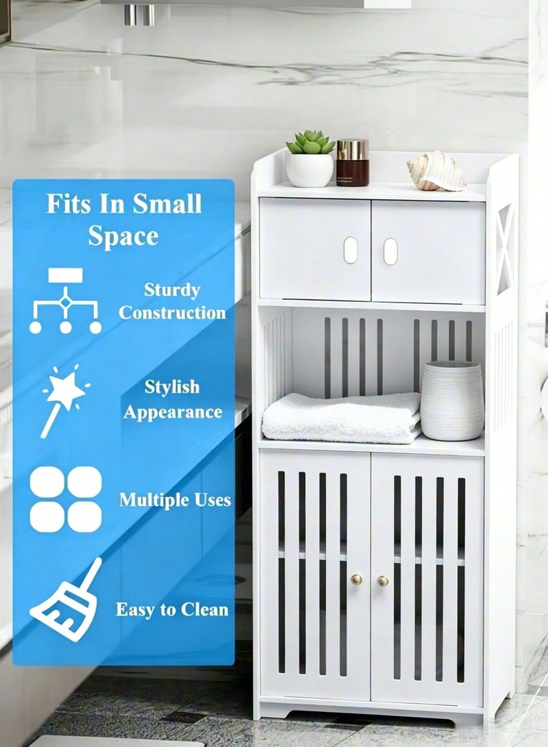 Bathroom Storage Cabinet, 4-Tier Bathroom Cabinet, Home Storage Cabinet Waterproof Floor Organizer with Double Cupboard Doors, Free Standing Storage Shelf PVC Cabinet for Toilet Paper & Shampoo - Image 5