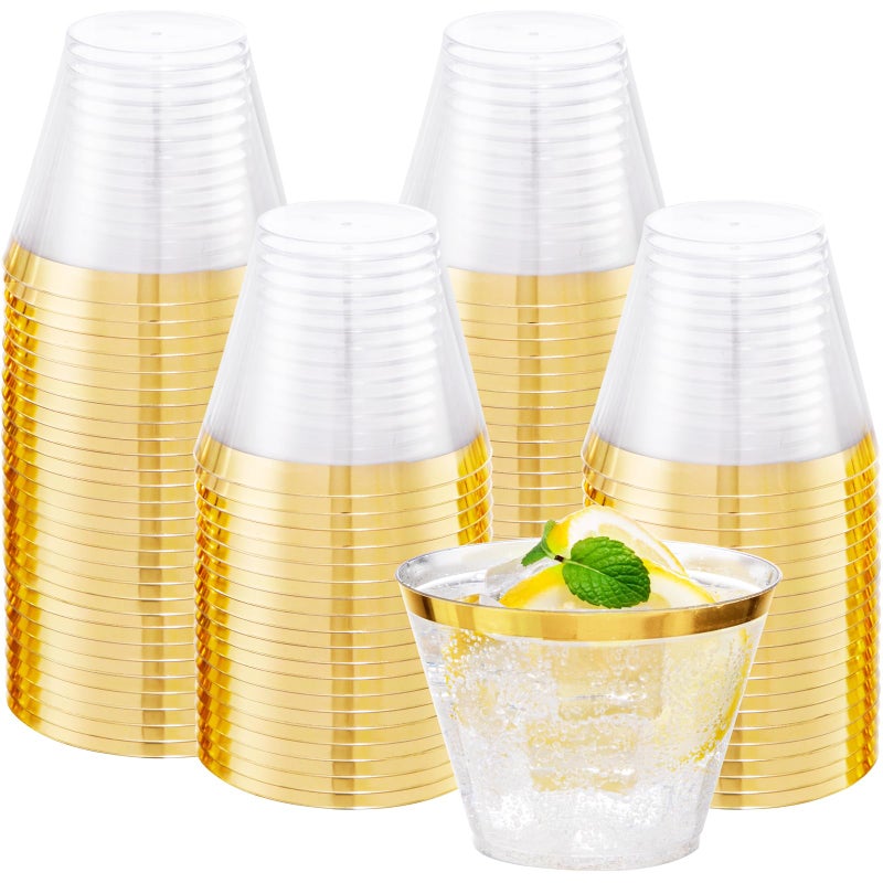 I00000 Heavy Duty Plastic Cups 9 oz Gold Rimmed Clear 100 Count BPA Free Disposable for Party  Wedding