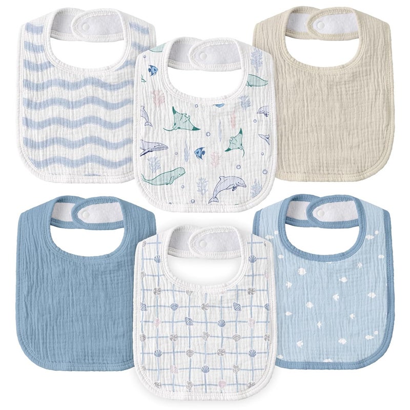 Muslin Drool Bibs for Boys Girls 6 Pack - Adjustable Baby Bibs for Drooling and Teething (Ocean Whimsy) - Image 1