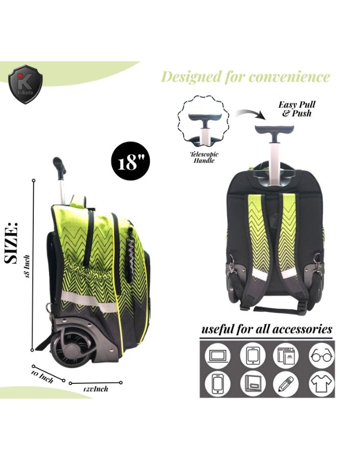 i-kola Zig Zag Green/Black 18T3 HO FAT 18-Inch 3PC School Trolley Bag Set for Boys & Girls | Rolling Luggage Set with Lunch Bag & Pencil Case(I-70002 18TB3)  - Image 2