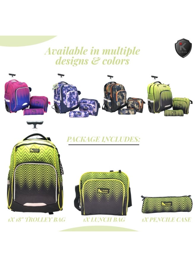 i-kola Zig Zag Green/Black 18T3 HO FAT 18-Inch 3PC School Trolley Bag Set for Boys & Girls | Rolling Luggage Set with Lunch Bag & Pencil Case(I-70002 18TB3)  - Image 5