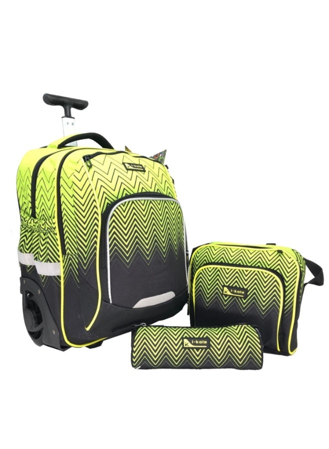 i-kola Zig Zag Green/Black 18T3 HO FAT 18-Inch 3PC School Trolley Bag Set for Boys & Girls | Rolling Luggage Set with Lunch Bag & Pencil Case(I-70002 18TB3)  - Image 1