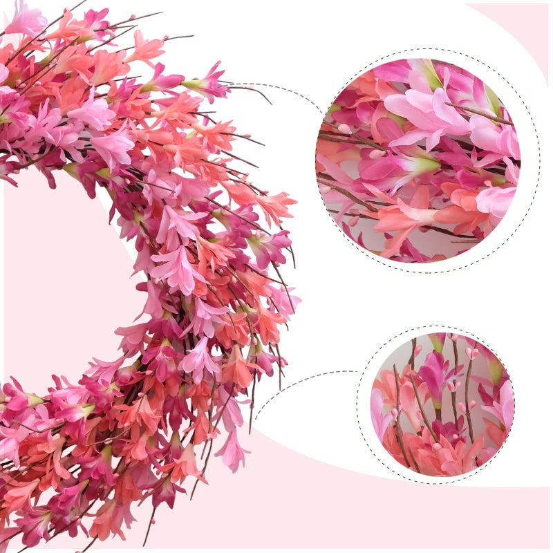 Bibelot 22inch Artificial Forsythia Flower Wreath Spring Summer Fall Wreath Silk Leaves for Front Door Decoration Porch Farmhouse Patio Garden Home Decor (Pink) - Image 2