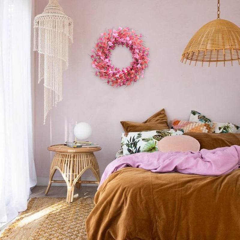 Bibelot 22inch Artificial Forsythia Flower Wreath Spring Summer Fall Wreath Silk Leaves for Front Door Decoration Porch Farmhouse Patio Garden Home Decor (Pink) - Image 5