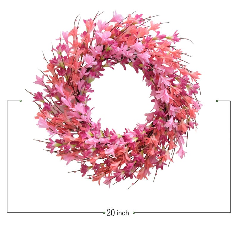 Bibelot 22inch Artificial Forsythia Flower Wreath Spring Summer Fall Wreath Silk Leaves for Front Door Decoration Porch Farmhouse Patio Garden Home Decor (Pink) - Image 3