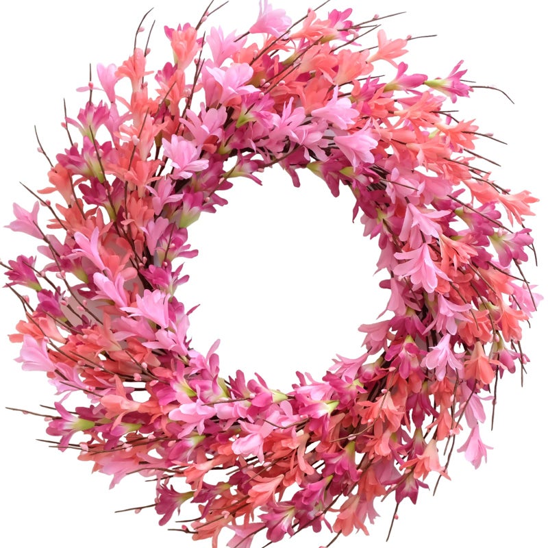 Bibelot 22inch Artificial Forsythia Flower Wreath Spring Summer Fall Wreath Silk Leaves for Front Door Decoration Porch Farmhouse Patio Garden Home Decor (Pink) - Image 1