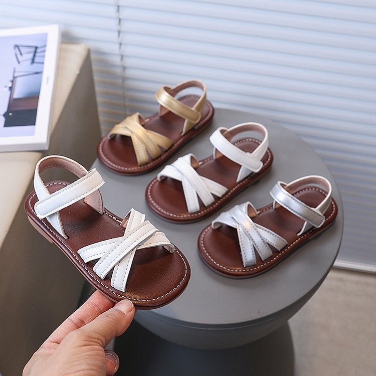 Children'S Sandals 2025 Summer Korean Style Girls Cross Open Toe Princess Sandals Little Girls Soft Sole Beach Shoes - Image 2