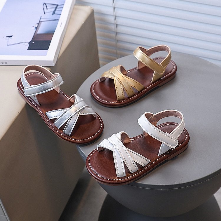 Children'S Sandals 2025 Summer Korean Style Girls Cross Open Toe Princess Sandals Little Girls Soft Sole Beach Shoes - Image 3