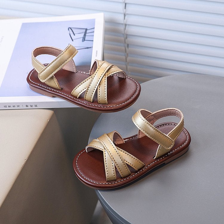 Children'S Sandals 2025 Summer Korean Style Girls Cross Open Toe Princess Sandals Little Girls Soft Sole Beach Shoes - Image 4
