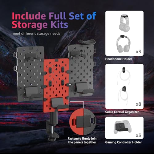 PEGZONE حامل سماعات الرأس ووحدة التحكم PEGZONE القابل للتعديل للألعاب، حامل مثبت على لوحة دبابيس، حامل وحدة تحكم دوار مع خطافات كابل، ملحقات ألعاب لـ Xbox PS5 PS4 Nintendo Switch، 3 قطع لوحة دبابيس، أحمر - Image 4