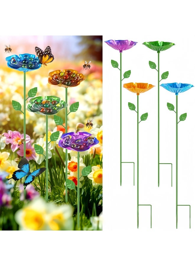 4-Pack Artistic Flower Metal Bird Baths for Garden, 64cm Petite Outdoor Bird Feeder & Waterer Set (Pink, Yellow, Green, Blue), Small Decorative Birdbath Stakes for Potted Plants, Patio & Backyard - Image 1