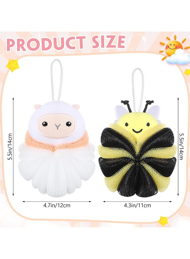 Wffo 2 Pcs Bath Loofahs Kids Toddler Cute Cartoon Bath Sponges Loofah Pouf Body Scrubber Mesh Sponges for Children Shower Washing Exfoliating (Sheep/Bee) - Image 2