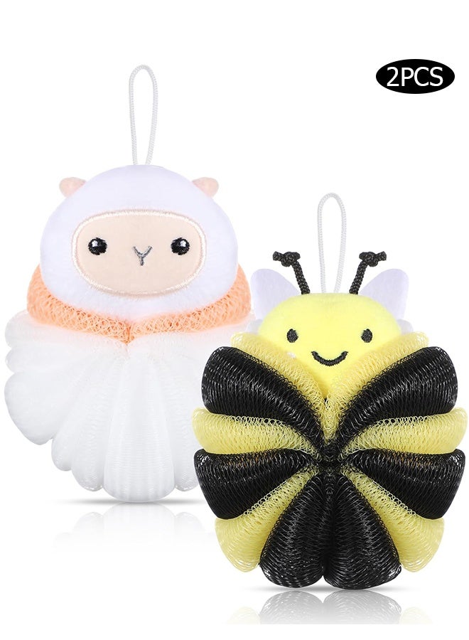 Wffo 2 Pcs Bath Loofahs Kids Toddler Cute Cartoon Bath Sponges Loofah Pouf Body Scrubber Mesh Sponges for Children Shower Washing Exfoliating (Sheep/Bee) - Image 1