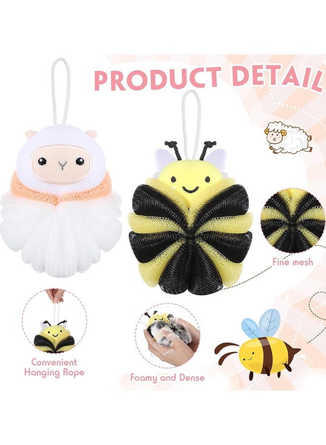 Wffo 2 Pcs Bath Loofahs Kids Toddler Cute Cartoon Bath Sponges Loofah Pouf Body Scrubber Mesh Sponges for Children Shower Washing Exfoliating (Sheep/Bee) - Image 3