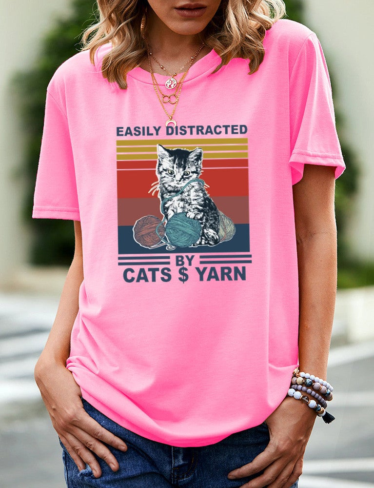wish independent station EASILY DISTRACTED cat pattern printed short sleeve t-shirt women - Image 3