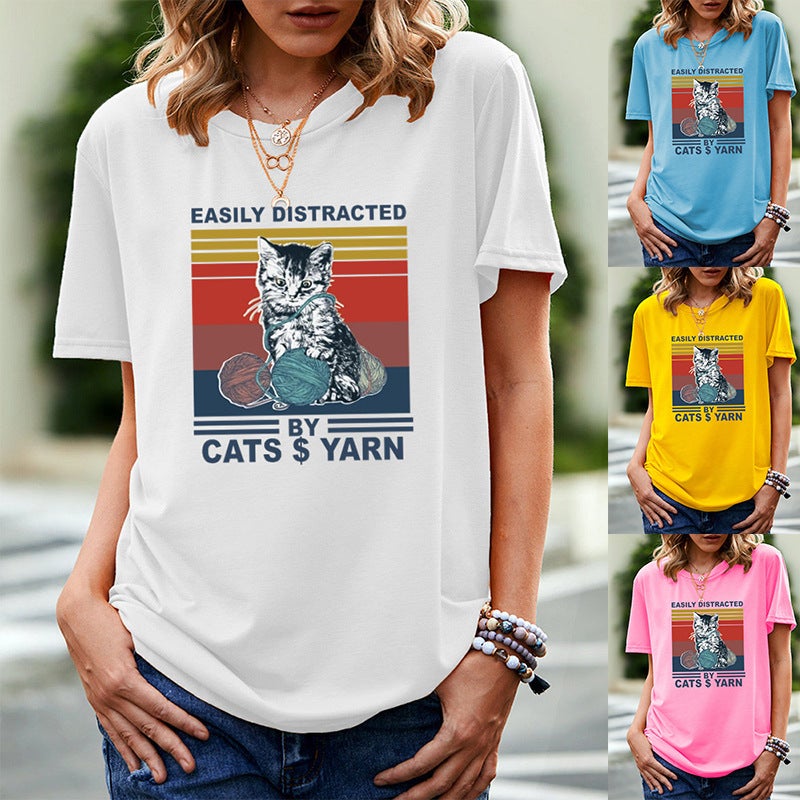 wish independent station EASILY DISTRACTED cat pattern printed short sleeve t-shirt women - Image 2