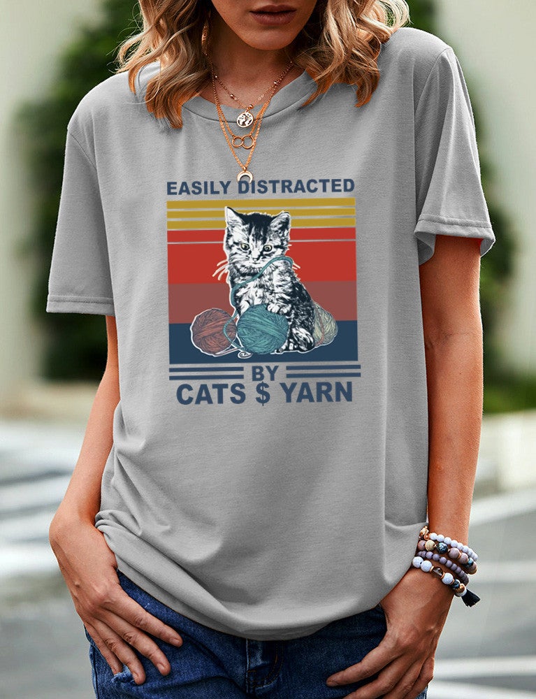 wish independent station EASILY DISTRACTED cat pattern printed short sleeve t-shirt women - Image 5