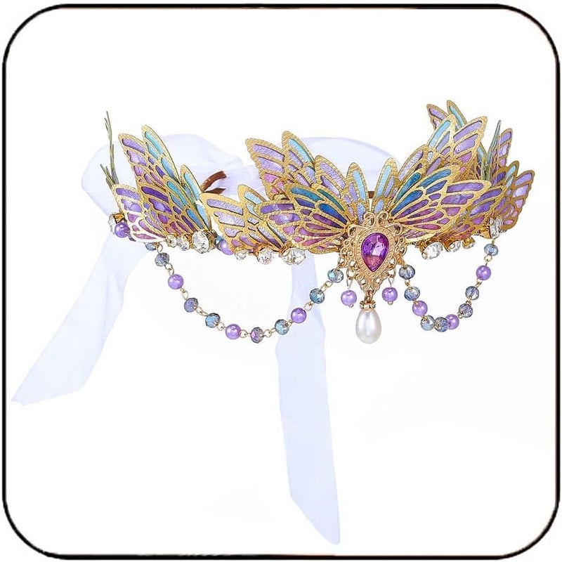 Yean Butterfly Fairy Headband Purple Crystal Elf Enchanted Tiara Pearl Bridal Costume Party Hairband for Women and Girls