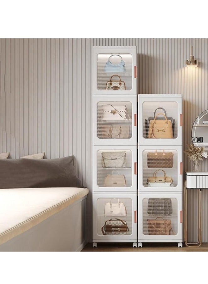 Generic 3-Tier Storage Cabinet Kitchen Storage Bins with Adjustable Shelves Foldable Storage Box with Transparent Doors and Wheels Stackable Storage Cabinet Kids Wardrobe for Small Space, Bathroom, Kitchen - Image 1
