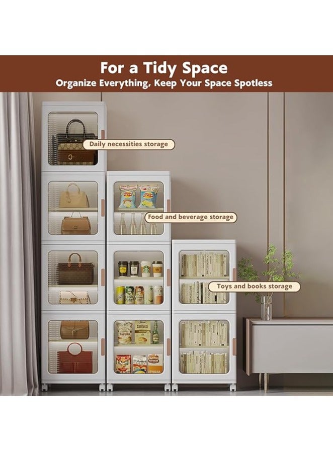 Generic 3-Tier Storage Cabinet Kitchen Storage Bins with Adjustable Shelves Foldable Storage Box with Transparent Doors and Wheels Stackable Storage Cabinet Kids Wardrobe for Small Space, Bathroom, Kitchen - Image 3