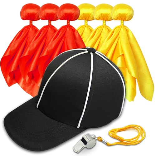 YHFUISK 8 Pcs Challenge Flag Referee Hat SetTossing Flags Sports Fan Set Penalty Flag Party Accessory 3 Yellow and 3 RedOfficial Football Hat and Stainless Steel WhistleReferee Costume Cap set1 - Image 1