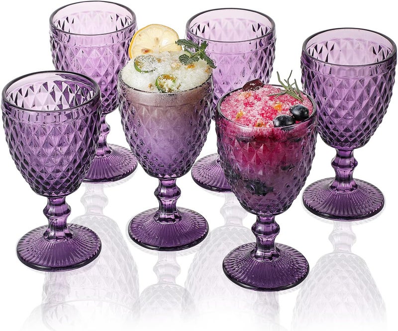 G G Vintage Purple Glass Goblets Set of 6 Stemware 10 oz Embossed with Diamond Pattern Colored Vintage Glassware for Party Thanksgiving Anniversary Christmas and Wedding Gifts  - Image 1