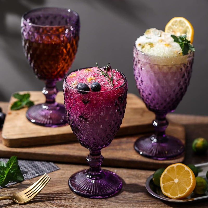 G G Vintage Purple Glass Goblets Set of 6 Stemware 10 oz Embossed with Diamond Pattern Colored Vintage Glassware for Party Thanksgiving Anniversary Christmas and Wedding Gifts  - Image 5