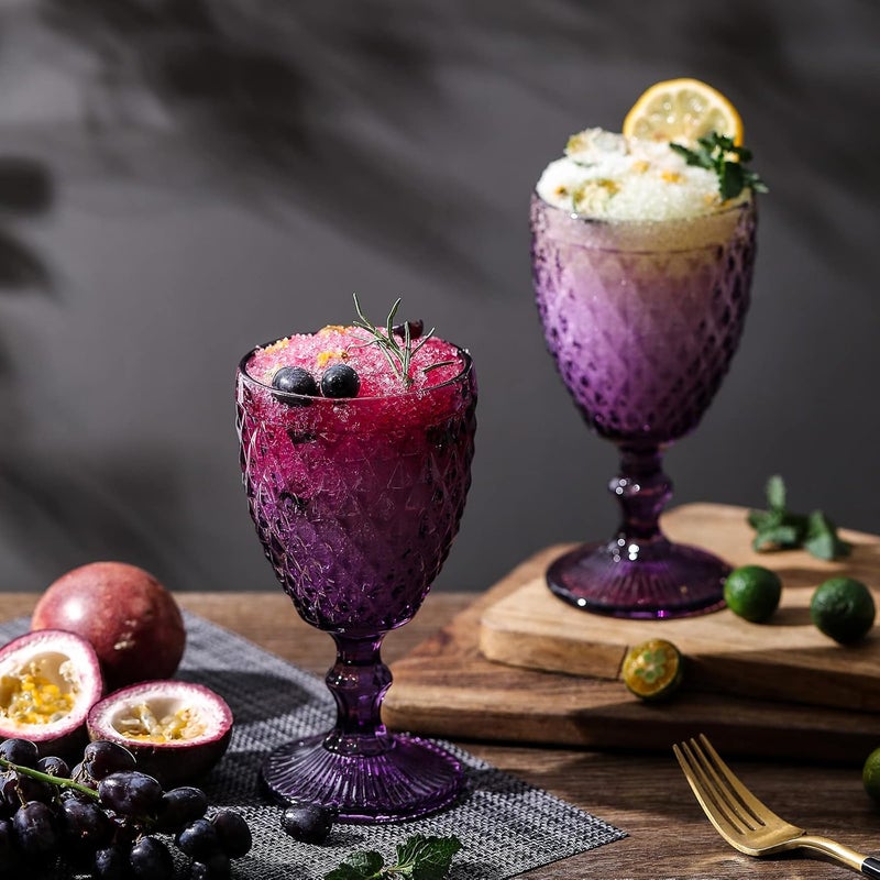 G G Vintage Purple Glass Goblets Set of 6 Stemware 10 oz Embossed with Diamond Pattern Colored Vintage Glassware for Party Thanksgiving Anniversary Christmas and Wedding Gifts  - Image 3