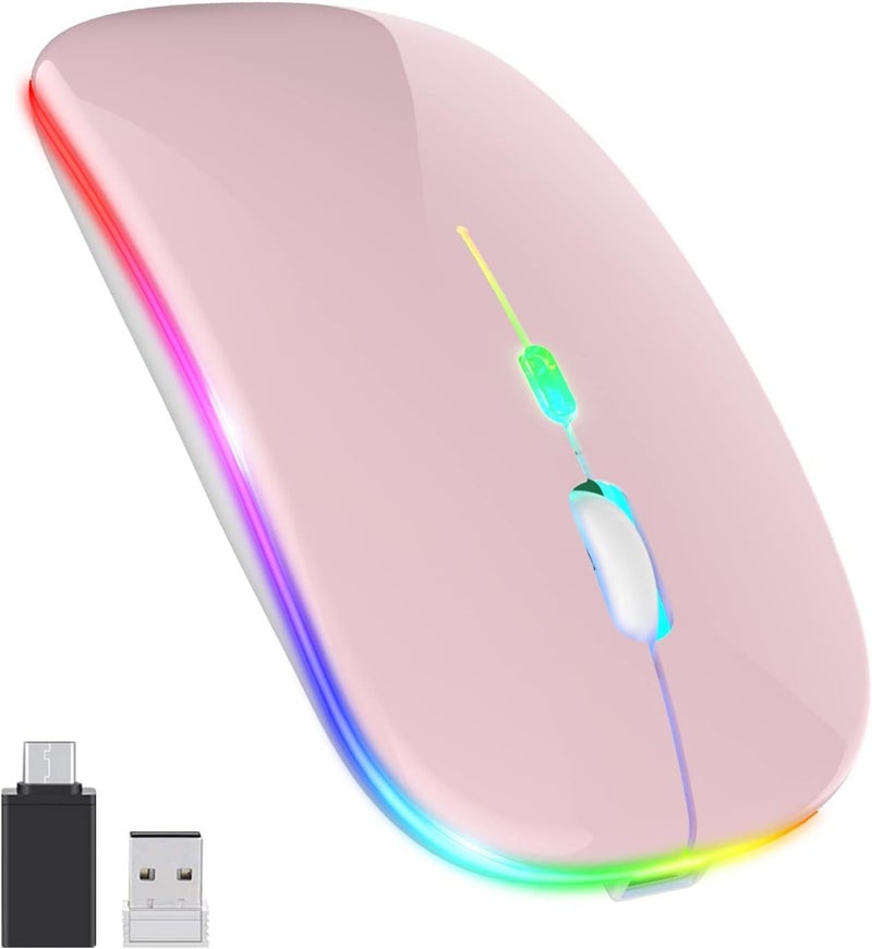 CLUSPEX LED Wireless Mouse, Slim Silent Mouse 2.4G Portable Mobile Optical Office Mouse with USB & Type-c Receiver, 3 Adjustable DPI Levels for Notebook, PC, Laptop, Computer (Pink) - Image 1