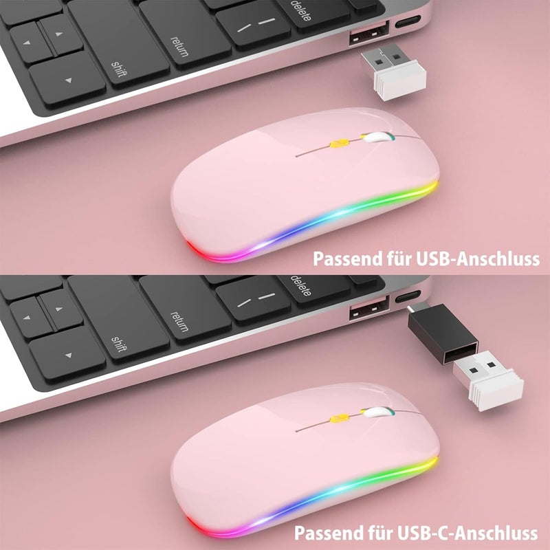 CLUSPEX LED Wireless Mouse, Slim Silent Mouse 2.4G Portable Mobile Optical Office Mouse with USB & Type-c Receiver, 3 Adjustable DPI Levels for Notebook, PC, Laptop, Computer (Pink) - Image 3
