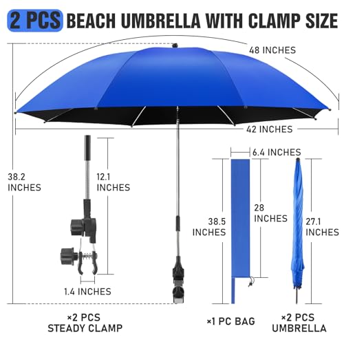 NBtoUS 2 PACK Chair Umbrella with Clamp, 360 ° Adjustable, UPF50+ Sunshade for Beach Chair, Patio Chair, Camping Chair, Golf Carts(Azure Blue, Not Include Chair) - Image 4