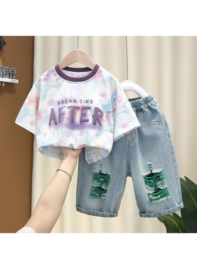 Boys' Summer Short-sleeve Outfit 24 New Stylish Children's Clothing For Older Boys, Fashionable Thin Two-piece Set For Summer