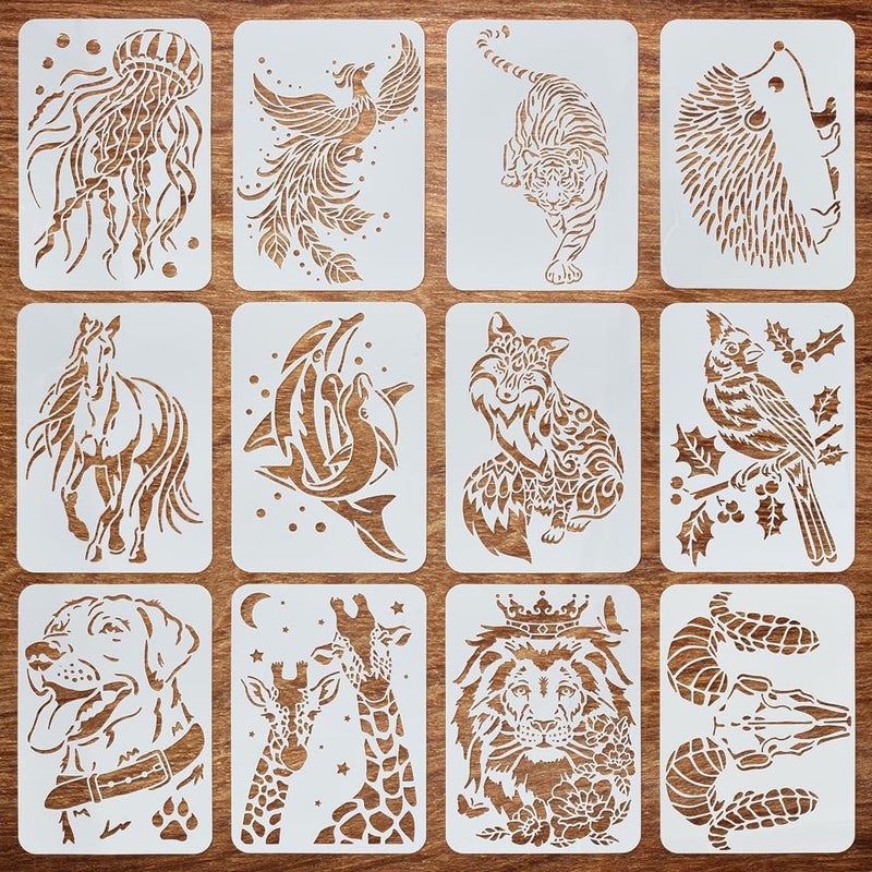 FINGERINSPIRE 12 Pcs Wildlife Painting Large Stencils 83x117 Fox Tiger Peacock Whale Horse Lion Jellyfish Dog Bird Hedgehogs Giraffe Pattern Stencil Animal Theme Stencil for Adults Home Decor - Image 2